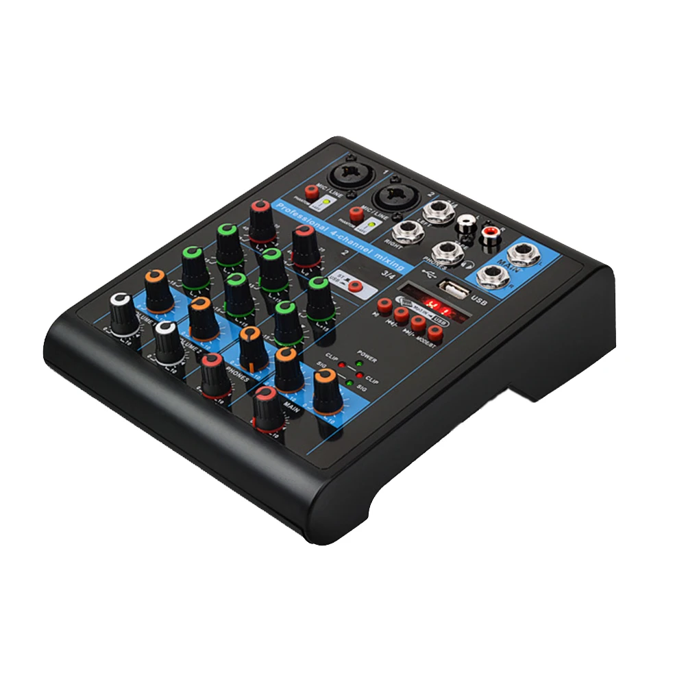 

4 Channels Audio Party Karaoke Professional Stereo Studio Mixing Console Portable Mini Mixer Live Sound Bluetooth USB KTV