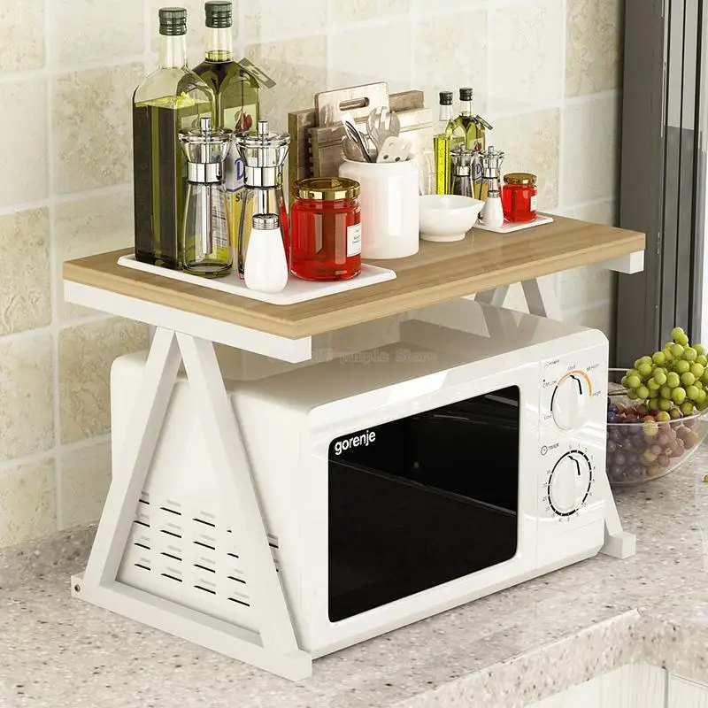 

Simple Fashion Microwave Oven Shelf Kitchen Storage Rack Multi-use Oven Spice Rack Steel+Wood Kitchen Supplies