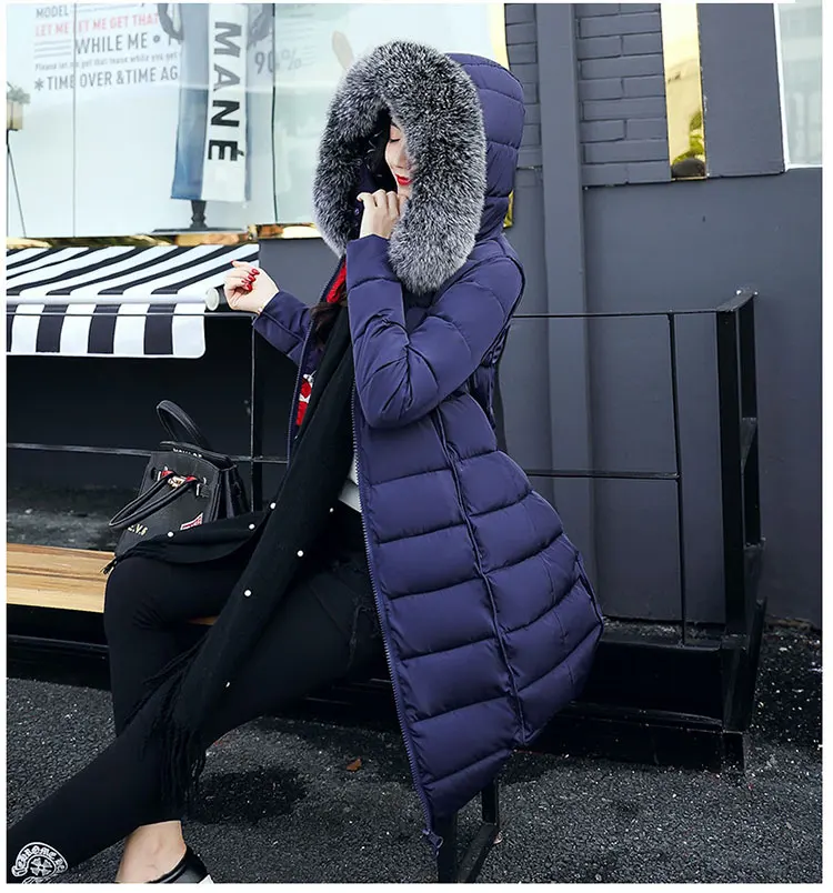 Зимние Для женщин пальто с капюшоном меховой воротник теплая плотная длинная стеганая куртка с принтом двойной 2 боковых парка для женщин размера плюс, верхняя одежда