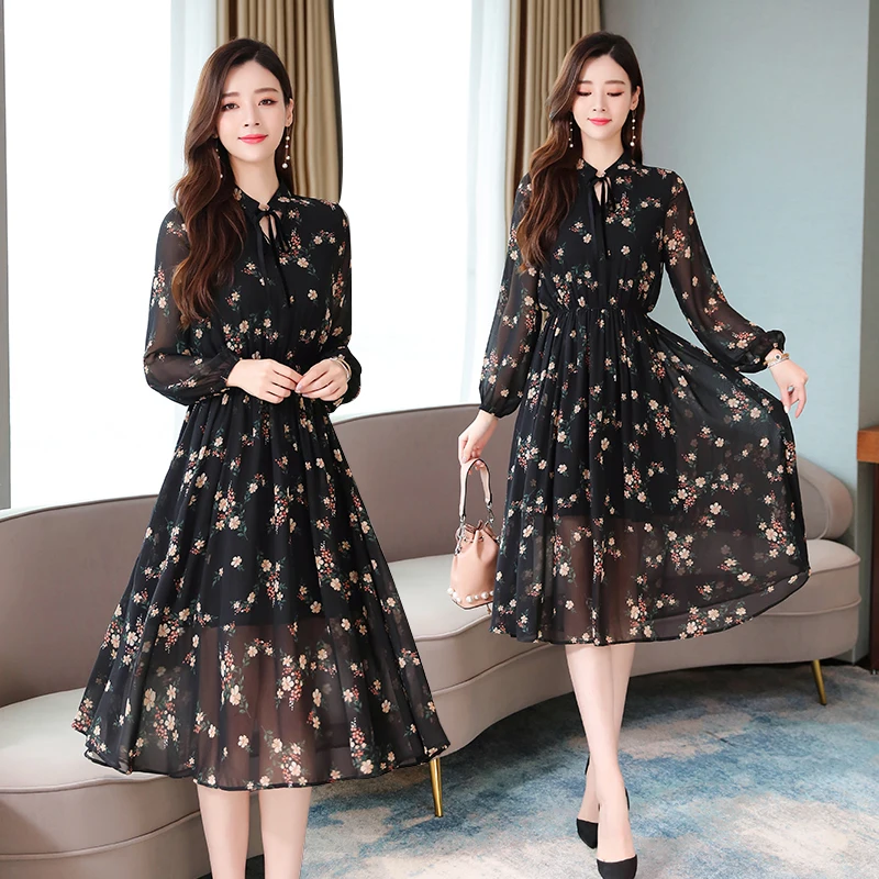 

Autumn Spring Women Floral Print Black Fairy Dress 4XL Plus Size Long Boho Elegant Slim Lady Vintage Long Sleeve Runway Vestidos