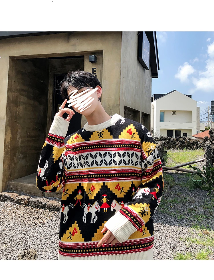 Winter Men's Red Blue Yellow Color Loose Pullover Round Neck Printing Knitting Keep Warm Man Sweater High-quality Coat M-2XL