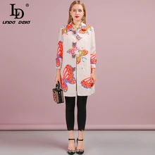 LD Linda della Мода осень-зима винтажная одежда Для женщин с длинными рукавами с принтом бабочки Кнопка Женский Стильный Свободный плащ