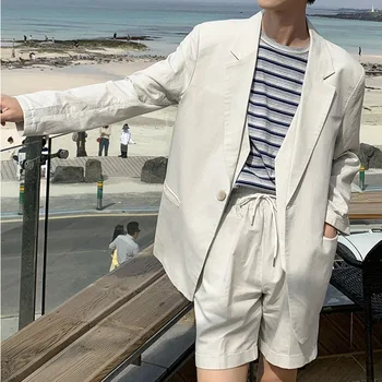 

Men 2 Pieces Suits Sets Vintage Casual Male Japan Korea Streetwear Fashion Thin Suit Blazer Coat Jacket Elastic Waist Shorts