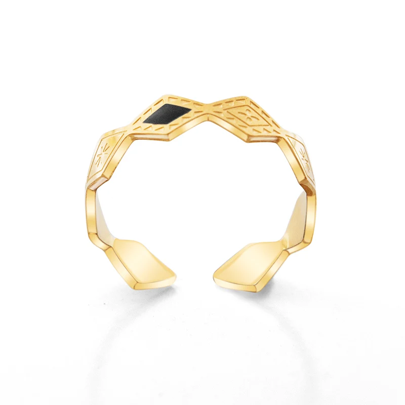 Gold Plated Boho Adjustable Geometric Open Rings Jewelry Stainless Steel Black Enamel Rhombus Stackable Finger Ring For Women