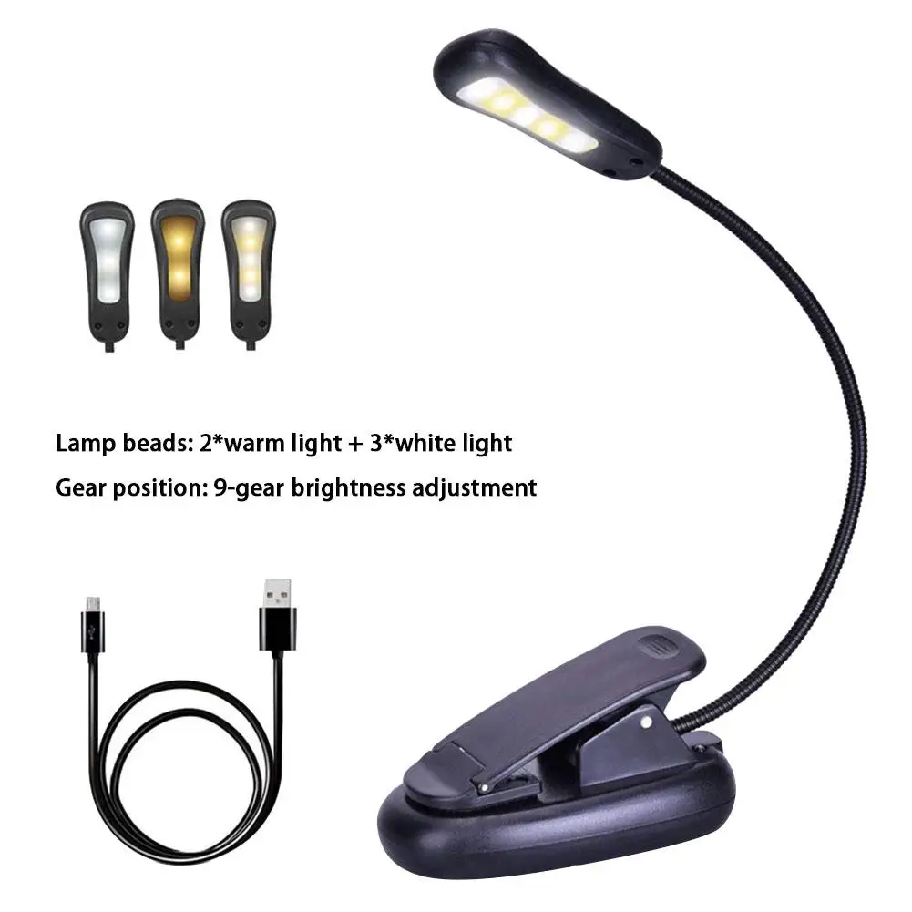  5 LED Clip Type Reading Lamp with USB Rechargeable Double Light reading bedside Colors Eye Care Bri