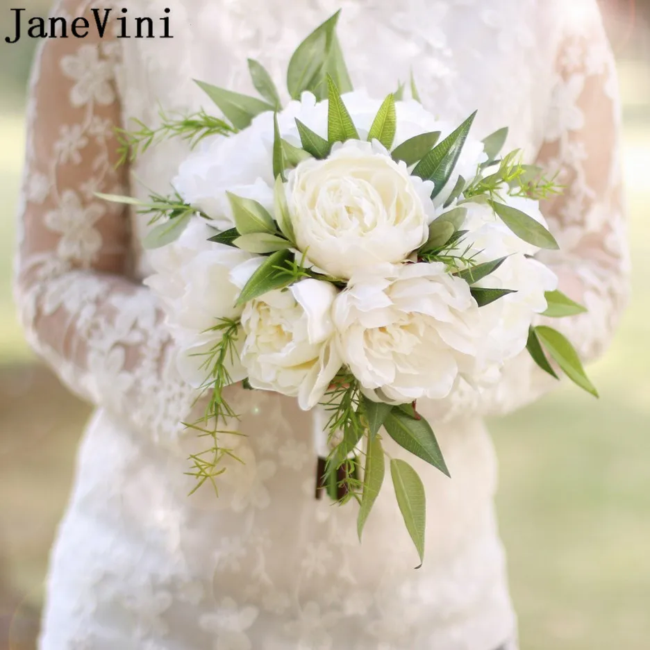 JaneVini White Ivory Artificial Flowers Wedding Bouquet for Bride kwiaty sztuczne Willow Leaves Silk Peony Bridal Hand Flower