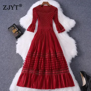 

2020 New Summer Women Elegant Designer Flare Sleeve Mesh Patchwork Mid Calf Sexy Party Lace Dresses Lady Vestido