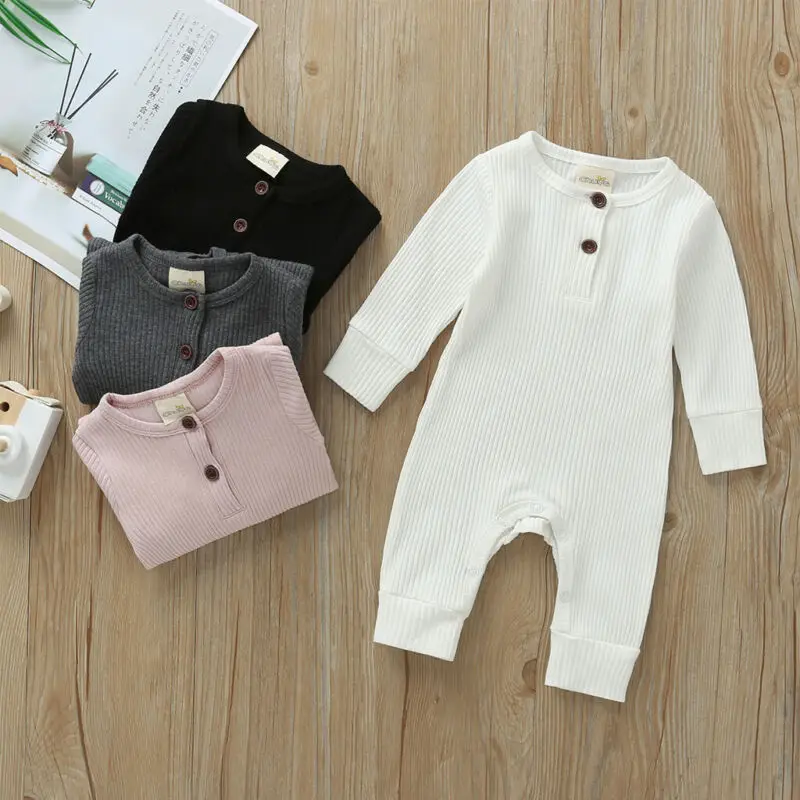 Осенняя одежда для новорожденных; хлопковый комбинезон для маленьких мальчиков и девочек; трикотажный комбинезон в рубчик; однотонная одежда; теплая одежда
