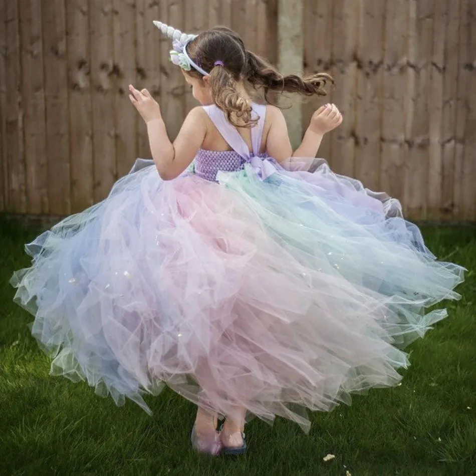 Пышное Пастельное платье-Пастельное платье с цветочным рисунком и единорогом для девочек детское длинное платье из тюля с вязаным крючком бальное платье с бантом для волос, детский праздничный костюм, платье