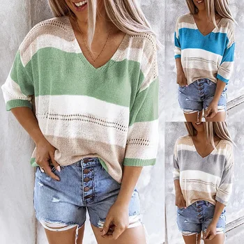 

Autumn Women's Tailoring Striped Colorblock V-Neck Cutout Loose Sweater