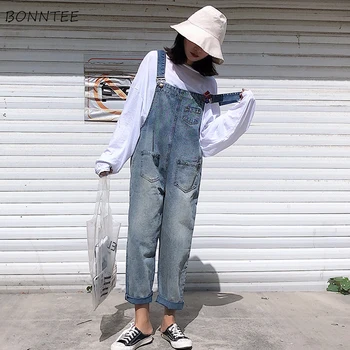 

Jumpsuits Women Denim Ulzzang Harajuku Streetwear High Quality Korean Style Retro Loose Denim Straight Students Womens Trousers