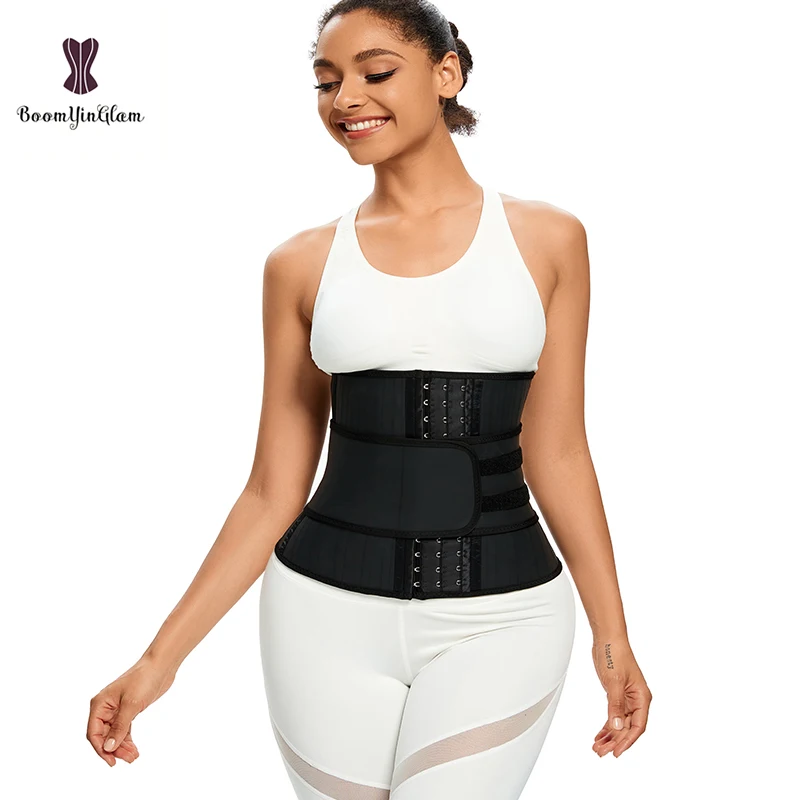 Solid Black 25 Spiral Steel Boned Latex Waist Trainer Corset Women Fajas Colombians Girdles Fitness Shapers For Weight Loss