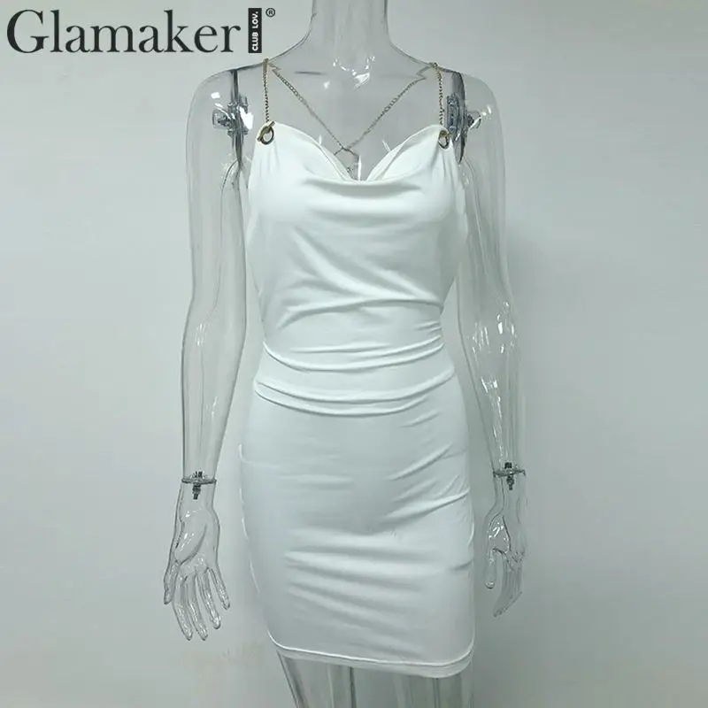 Glamaker, сатиновое, с драпировкой, элегантное, с открытой спиной, белое платье, для женщин, без рукавов, сексуальные, вечерние, короткое платье, осенняя мода, облегающее платье, vestidos