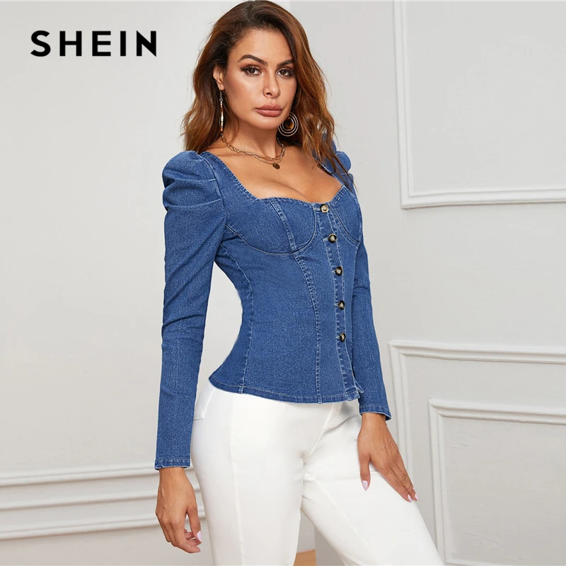 SHEIN, синий, на пуговицах, с пышными рукавами, бюстье, джинсовый топ, рубашка для женщин, осень, милая, с вырезом, тонкий, облегающий, сексуальные топы и блузки