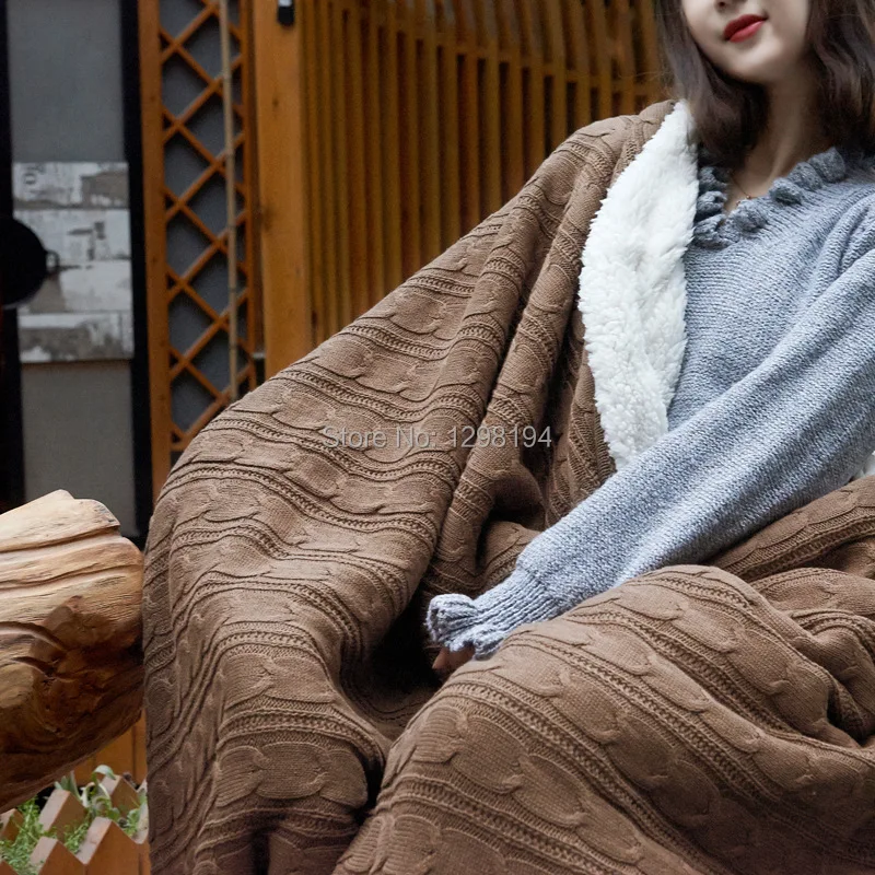 Плотное вязаное шерстяное одеяло плед с искусственной меховой подкладкой для дивана-кровати дивана теплое зимнее покрывало s