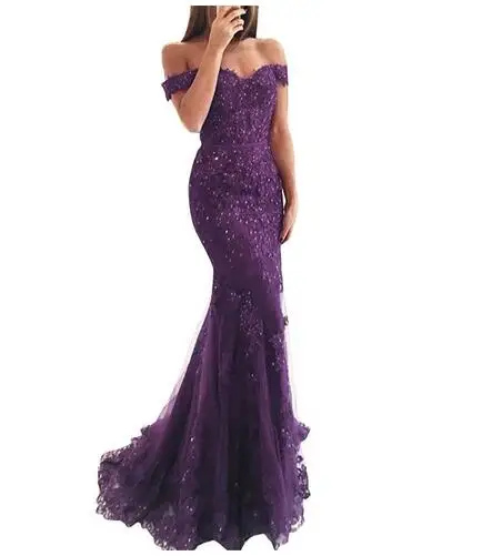 Off the Shoulder Long Mermaid Evening Dresses Lace abiti da sera Applique Robe De Soiree longue Formal Gowns abiye gece elbisesi Grape purple