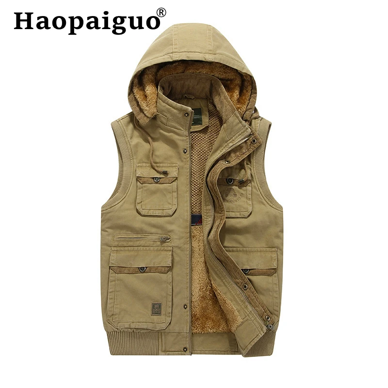 

2019 Autumn Winter Basic Jackets Coat Man Vest Solid Waistcoat Man Hooded Veste Cotton Thick Warm Fishing Waistcoat with Pocket