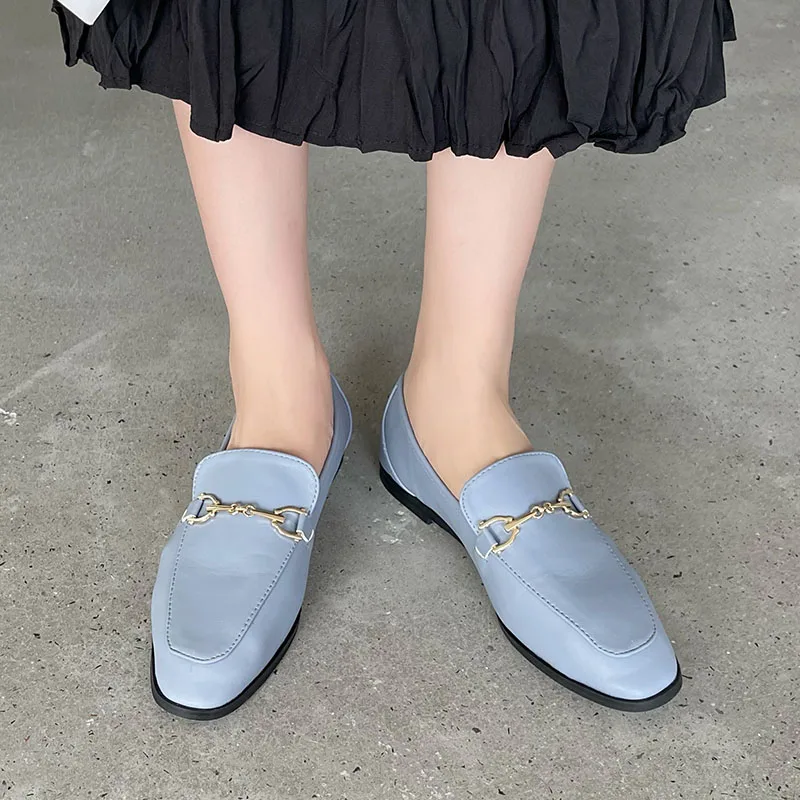 Spring Women Slip On Loafer Autumn Fashion Ladies British Metal Buckle Flat Shoes Round Toe Female Green Casual Ballerina
