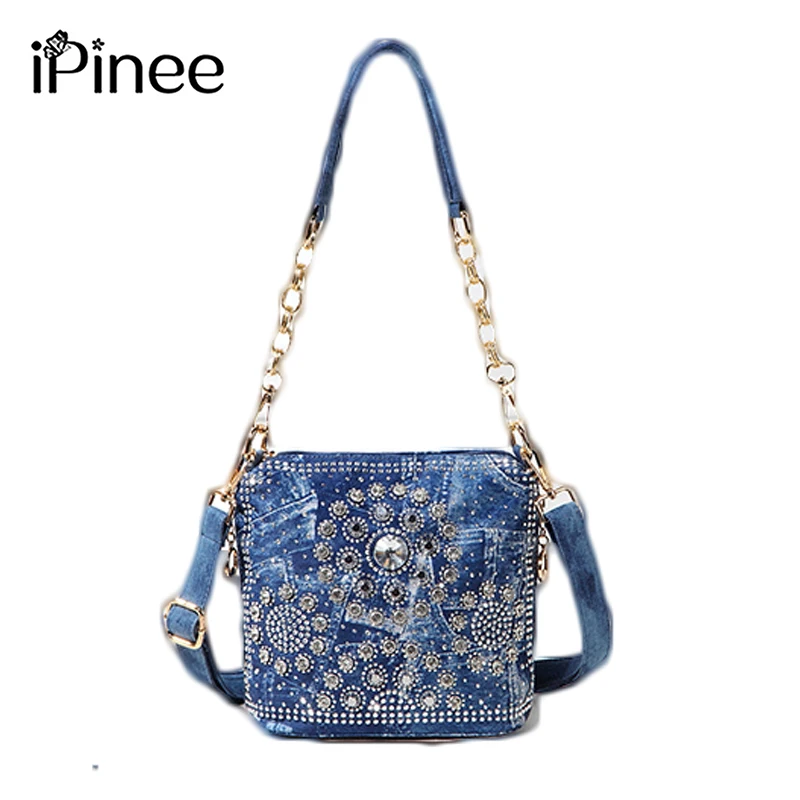 

iPinee Washed Denim Women Tote Bag Fashion Rivet Lady Shoulder Bags Diamond Handbag Satchel Crossbody Messenger Purse