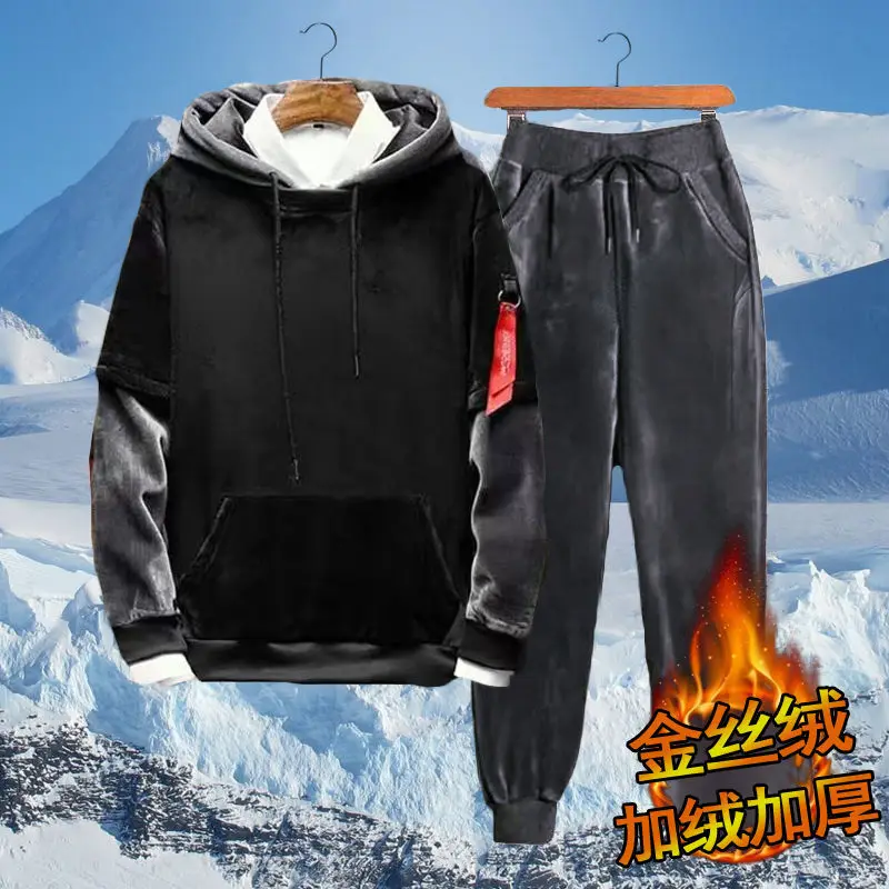 2020 winter Plus Size Men Casual Warm Tracksuit Fleece Zipper Hooded Coat Drawstring Pants 2 Piece Sets Mens Clothing 4