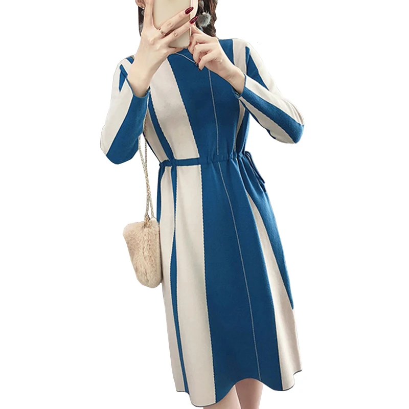 

Lange Gebreide vrouwen Trui Jurk Herfst Winter Mode Elegant Gestreepte Trui Coltrui Jurk Vrouwelijke LU618