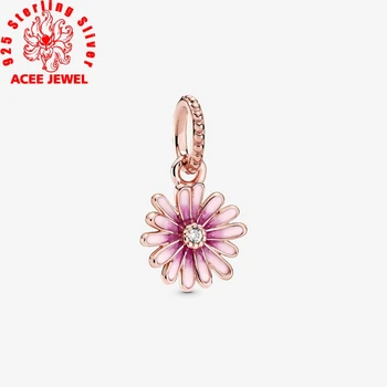 

2020 Spring New 925 Sterling Silver Beads Pink Daisy Flower Dangle Charms fit Original Bracelets Women DIY Jewelry