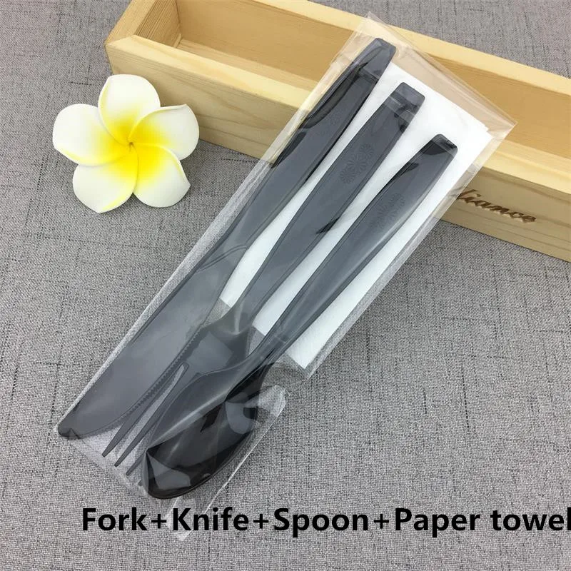 

100pcs High quality black plastic tableware noodles pizza fruit steak spoon fork knife combination package with paper towel
