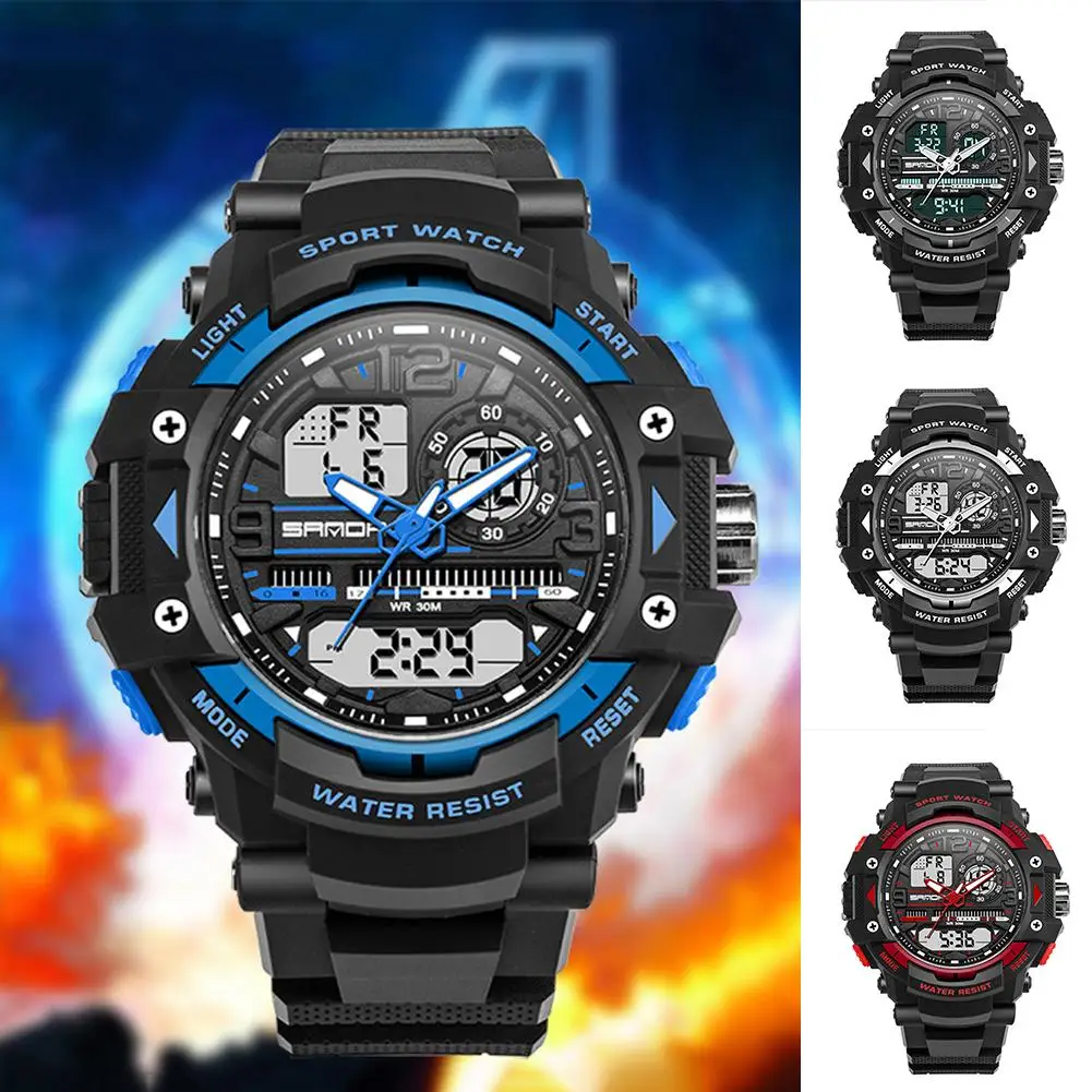 

Women Men Sports Calendar LED Luminous Dual Display Digital Quartz Wrist Watch Stainless Steel buckle