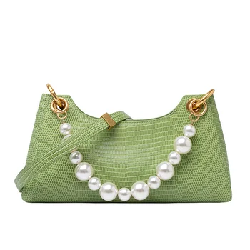 

2020 Fashion latest Baguette Bag Ladies' Women Female Genuine Leather Cow Leather Pearl Decorated Green Blue White Colors Luxury