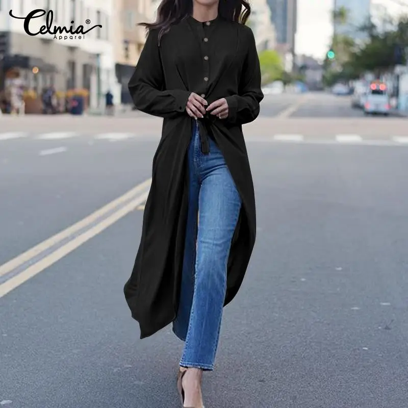 

Celmia Vintage Irregular Hem Tunic Tops Women Long Shirts 2020 Autumn Long Sleeve Buttons High Split Blouses Fashion Work Blusas