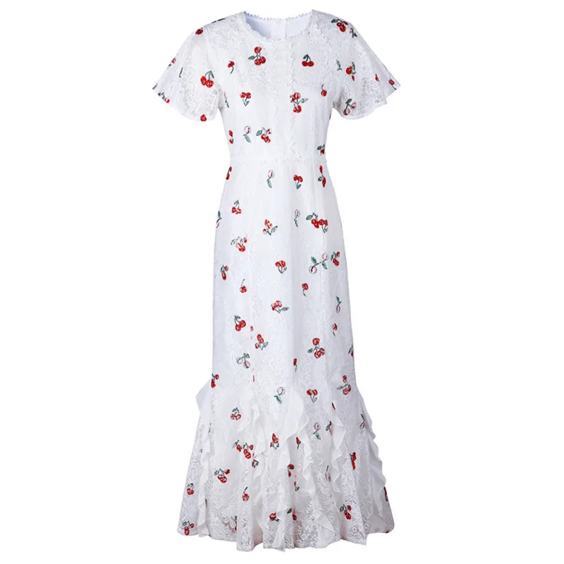 2019 nieuwe lente en zomer witte cherry gedrukt kanten jurk temperament jurk fishtail jurk jurk 2019 nieuwe lente en zomer witte cherry gedrukt kanten jurk temperament jurk fishtail jurk jurk