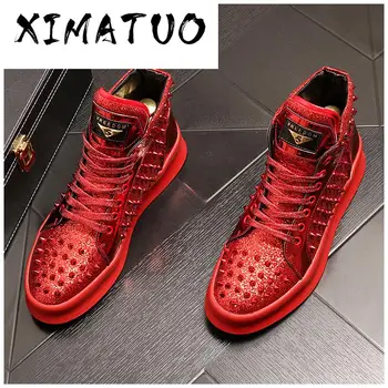 

Men's designer high quality red Studded Rivet Spike Causal Flats shoes Male thick bottom hoes For web celebrity sneakers