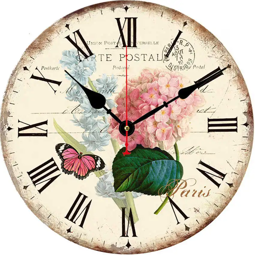 Flower Clock B Цветочные антикварные настенные часы, настенные часы в винтажном стиле, большие часы настенные, круглые Horloge, ретро деревенские декоративные - Цвет: Flower Clock B
