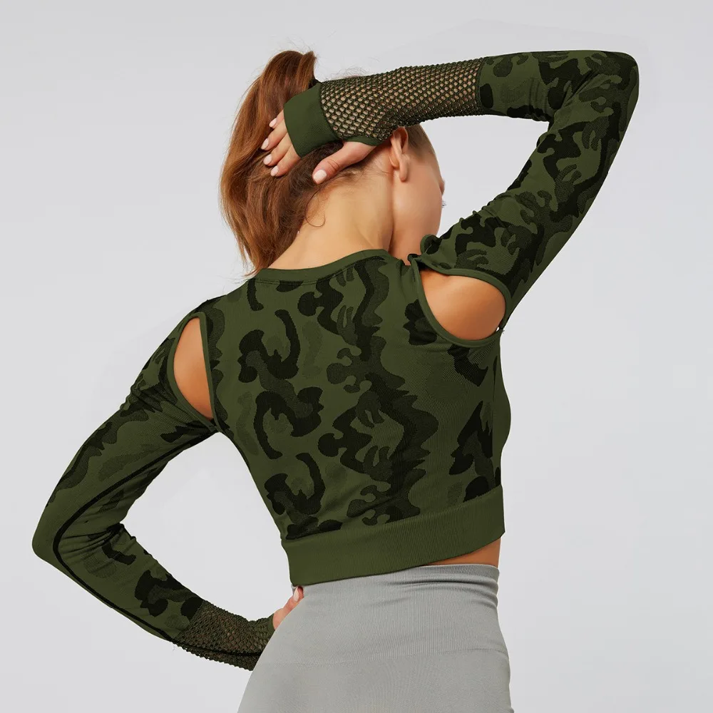 NCLAGEN Sexy Hollow Out Camouflage Yogaings T Shirt Women Patchwork Quick Dry Nylon Cropped Tops Activewear Camo Tee Shirts