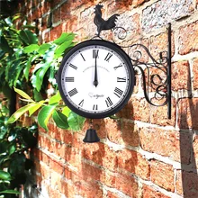 Retro Gallo Vintage colgante Reloj de pared tiempo redondo cuarzo antiguo decorativo jardín hierro arte al aire libre doble cara