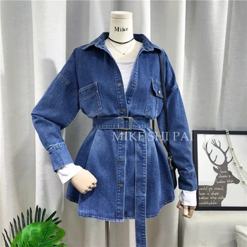

Spring 2020 New Korean Fashion Solid Color Loose Belt Waist Denim Shirt Women's Mid Length Cardigan Jeans Shirt Students Blouses