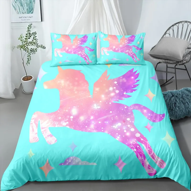 

Unicorn Bedding Sets Kid Rainbow Flower Print Cartoon Animals Bed Cover Pillowcase 2/3 Piece Bedroom Bed Linen Set Single Double