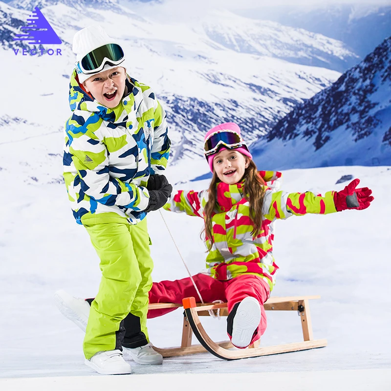 Векторные профессиональные детские лыжные костюмы теплая водонепроницаемая лыжная куртка для мальчиков куртки для сноубординга штаны Зимний Лыжный комплект одежды