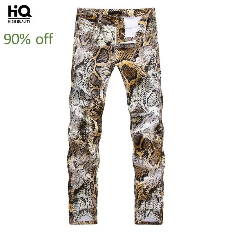 

Printed Snake Skin Stretch Skinny Jeans Men Streetwear Casual Straight Long Pants Big Size 38 Vintage Denim Trousers Hot Sale