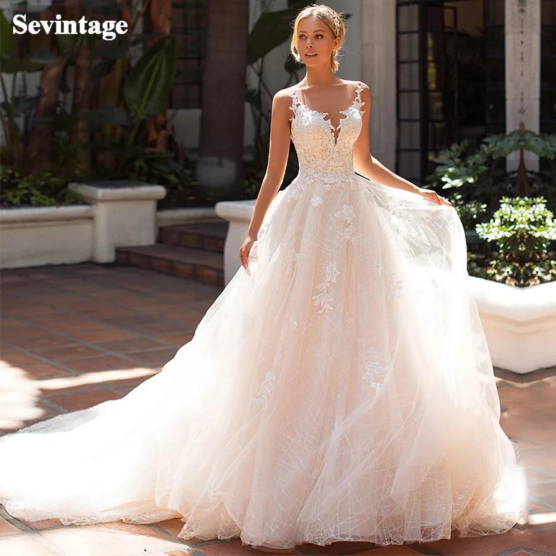 

Sevintage Illusion Scoop Lace Wedding Dresses Boho Glitter Tulle Appliqued Buttons Bridal Gown Long Tail Plus Size Bride Dress