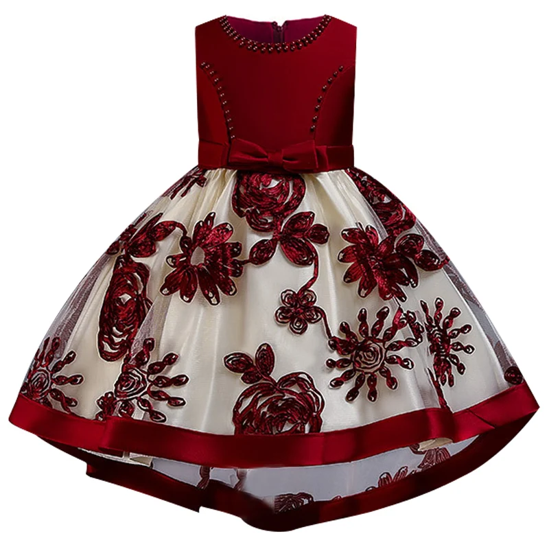 Günstige Mädchen frühling herbst kinder der schwanz party abendkleid rundhals perlen bogen spitze mädchen kleid blume mädchen süße hochzeit kleid