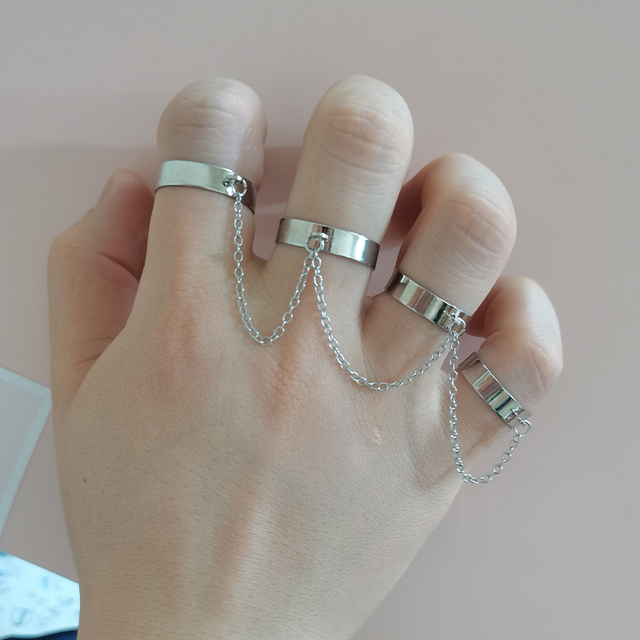 Geometric Silver Color Chain Wrist Bracelet For Women Men Ring Charm Set Couple Emo Fashion Jewelry Gifts Pulsera Mujer