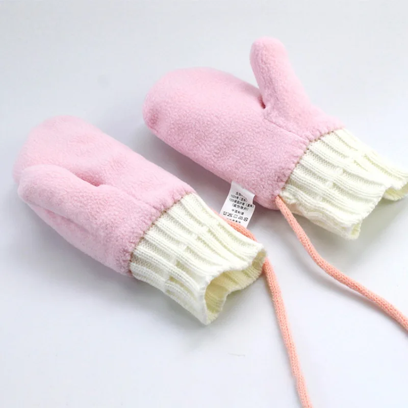 Хлопковое теплое зимнее Вязание перчатки Дети Девушки открытый флис подкладка рукавицы с шеей струны