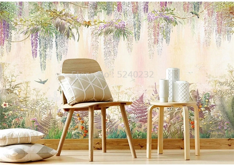pintados à mão plantas tropicais flores pássaros mural sala estar fundo