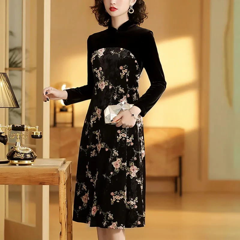 Женское осеннее платье Cheongsam с цветочным принтом элегантное длинным рукавом и