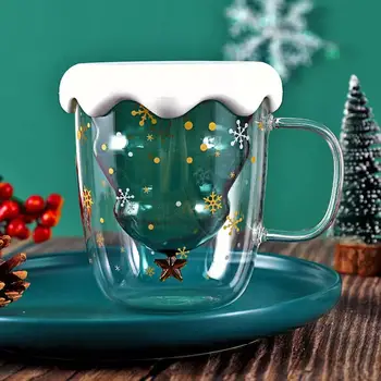 

Double Glazed Christmas Tree Star Cup with Handle Insulation Double Layer Glass Cup Creative Gift Drink Milk Cup Explosion-proof