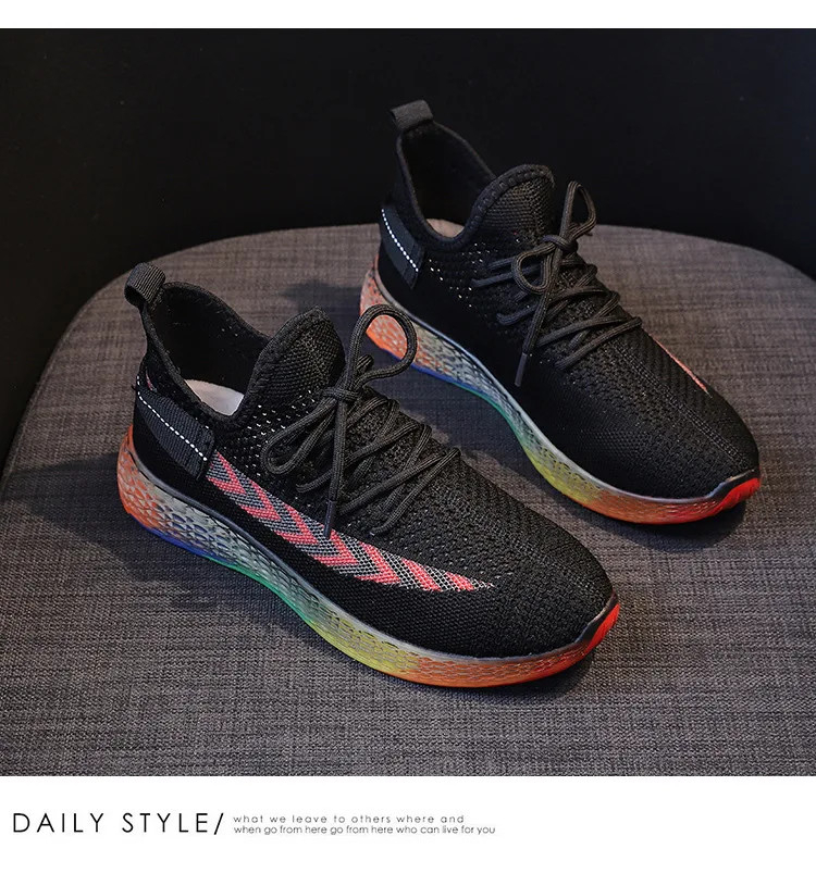 HKXN New Rainbow Jelly Soles Women Vulcanized Sneakers Sports Shoes Outdoor Woven Mesh Breathable Casual Lace Casual Shoes