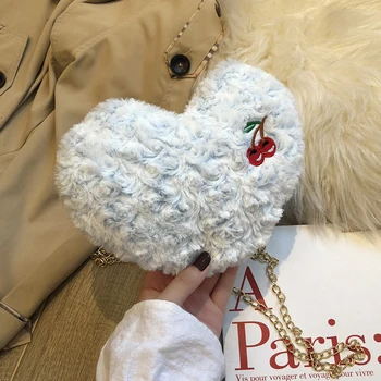

Sweet Girl Cute Heart-shaped bag 2020 Winter New High Quality Soft Plush Women's Designer Handbag Chain Shoulder Messenger Bag