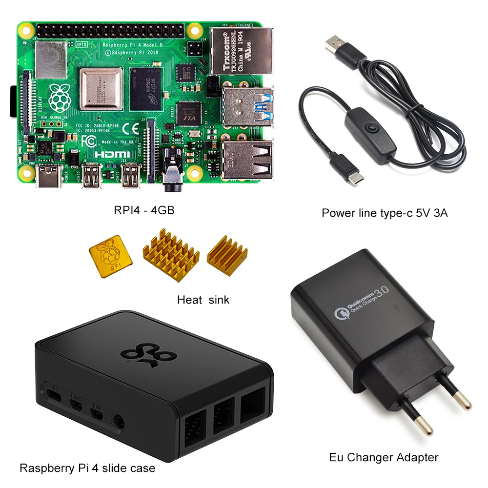  Raspberry Pi 4 Model B-4GB RAM start Kit +Genuine Pi 4 ABS slidable case + Type-C 5V/3A power line 