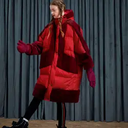 Оригинальный дизайн, AIGYPTOS, женская зимняя пуховая куртка, толстая, теплая, искусственный мех, пэтчорк, длинный, красный, Повседневный
